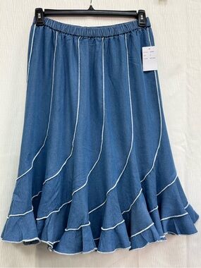 Blue Ruffled Denim Midi Skirt